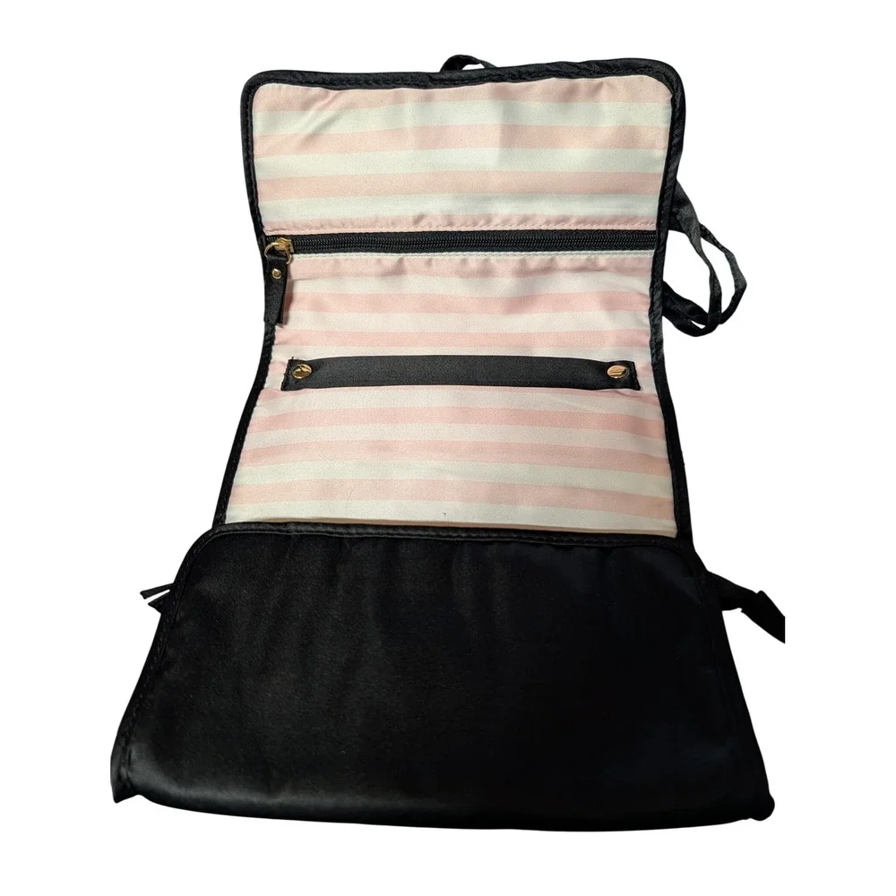 Victoria's Secret Black Satin Hanging Travel Organizer Pink Stripe Heart Charm